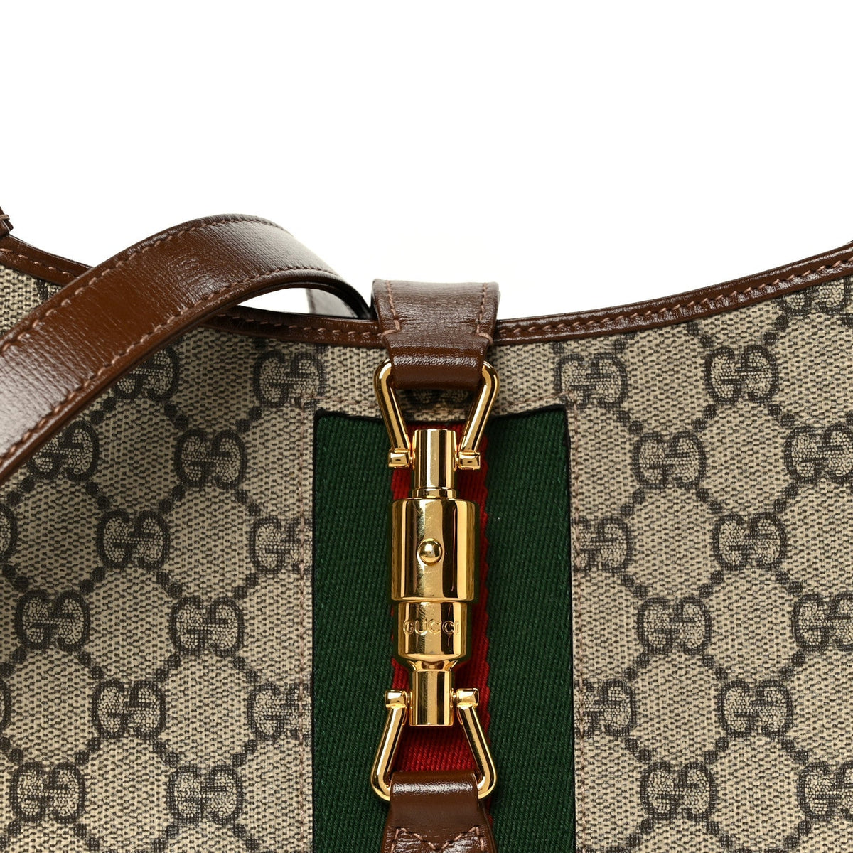 GG Supreme Monogram Azalea Calfskin Web Small Jackie 1961 Hobo Beige Ebony Brown Sugar