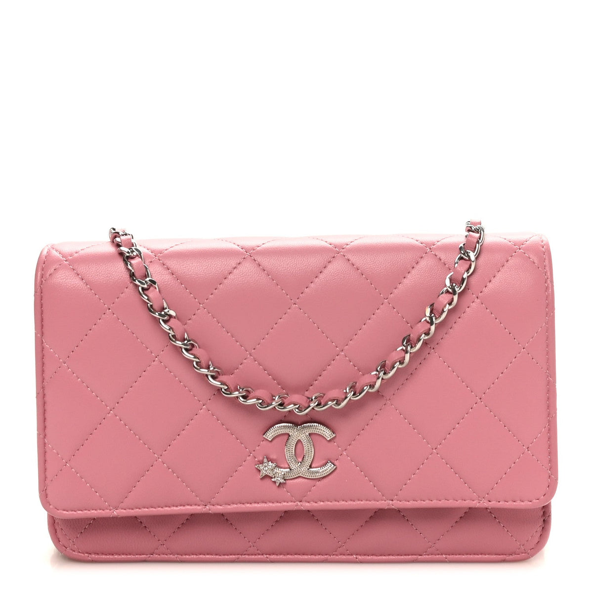Lambskin Quilted Crystal Star Wallet On Chain WOC Pink