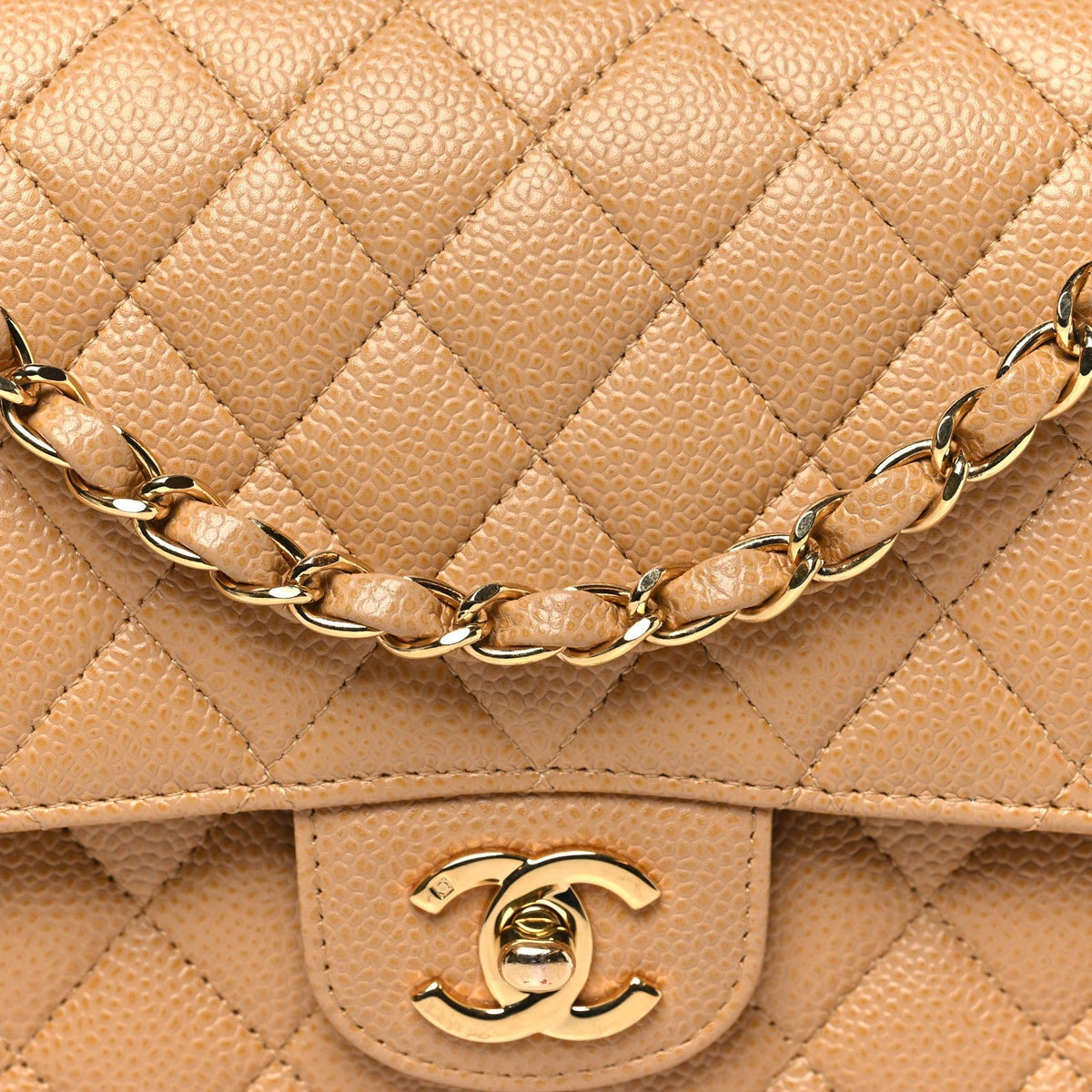 Caviar Quilted Medium Double Flap Beige
