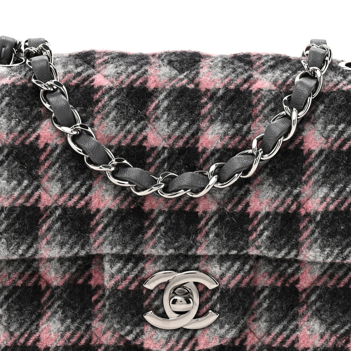 Wool Plaid Quilted Mini Rectangular Flap Pink Grey Multicolor
