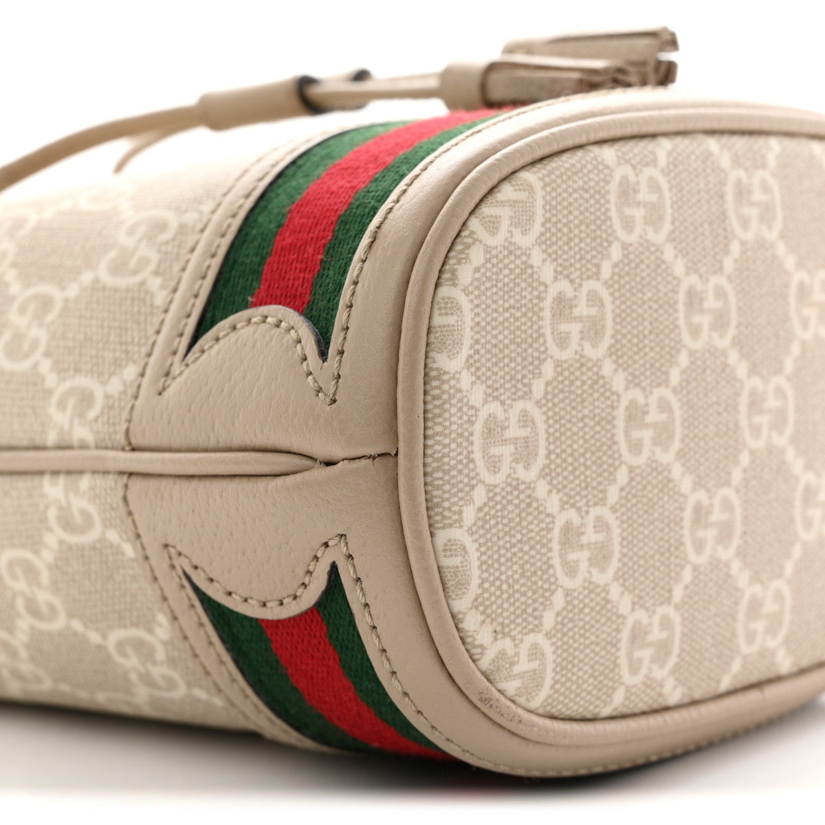 GG Supreme Monogram Textured Calfskin Web Mini Ophidia Bucket Bag Beige Ebony Mystic White Oatmeal