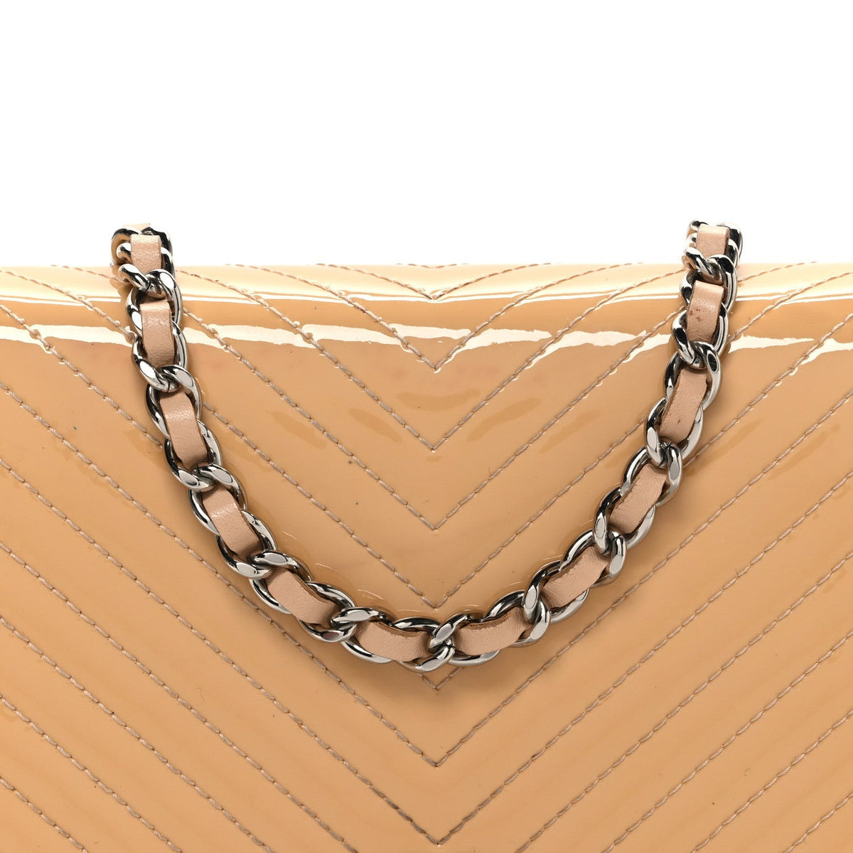 Patent Calfskin Chevron Quilted Wallet On Chain WOC Beige