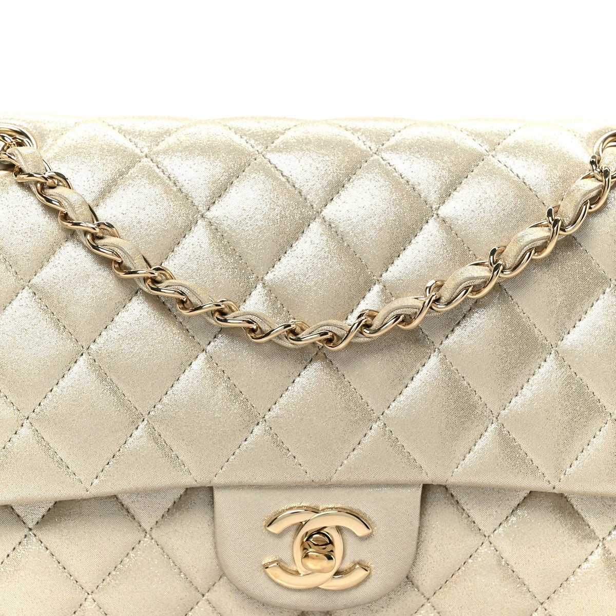 Metallic Canvas Quilted Medium Double Flap Light Gold