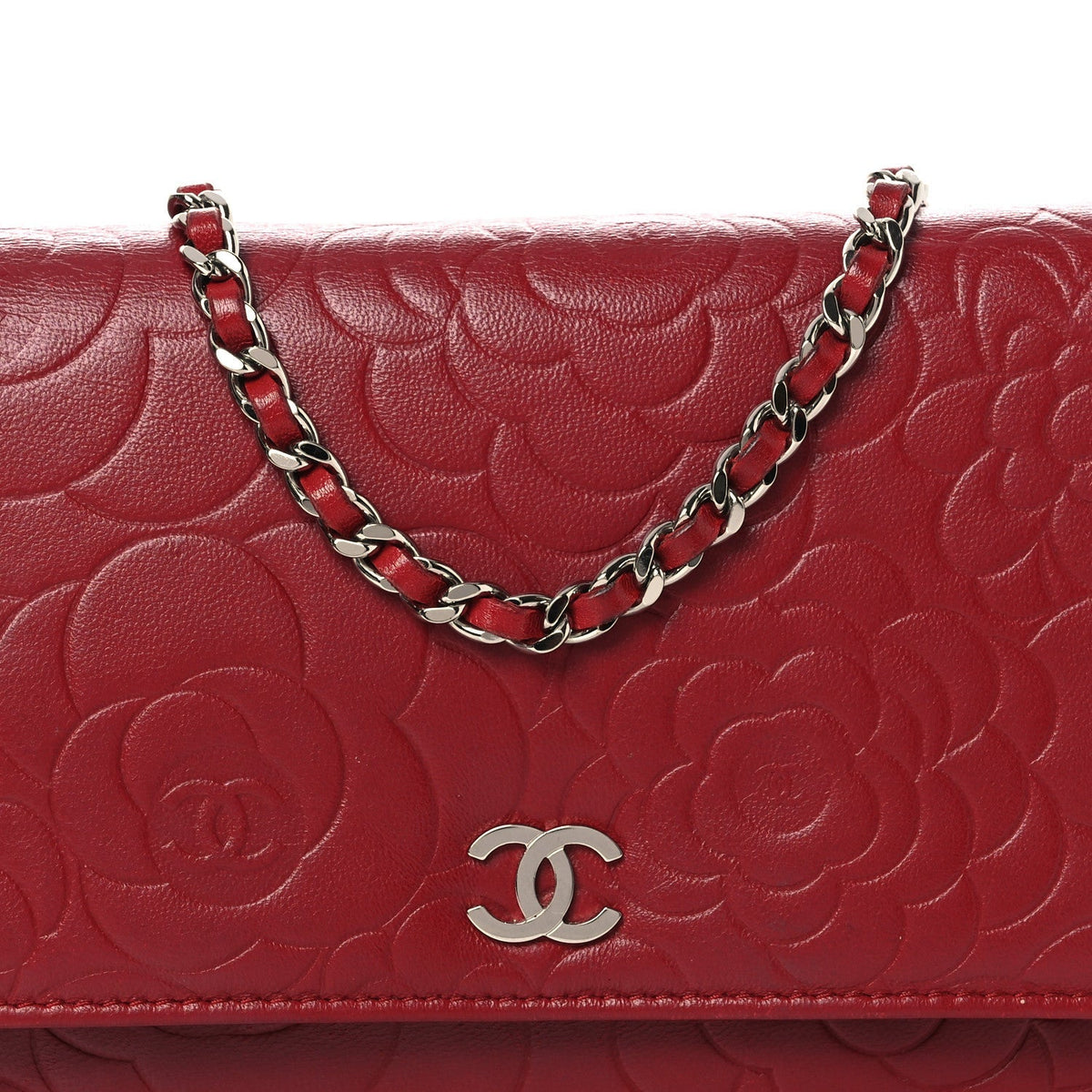 Lambskin Camellia Embossed Wallet on Chain WOC Red