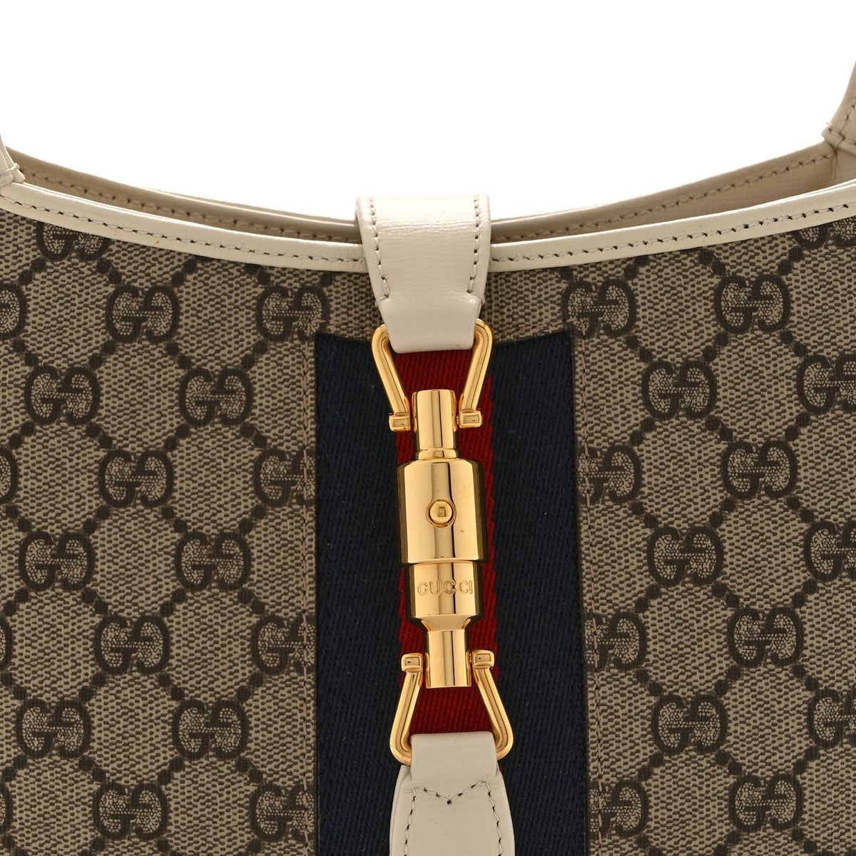GG Supreme Monogram Azalea Calfskin Web Small Jackie 1961 Hobo Beige Ebony Mystic White