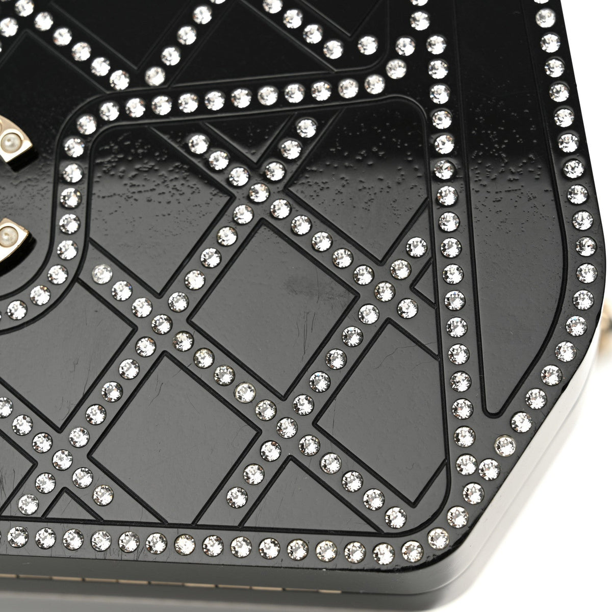 Plexiglass Crystal Quilted Minaudiere Clutch Black White