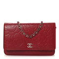 Lambskin Camellia Embossed Wallet on Chain WOC Red