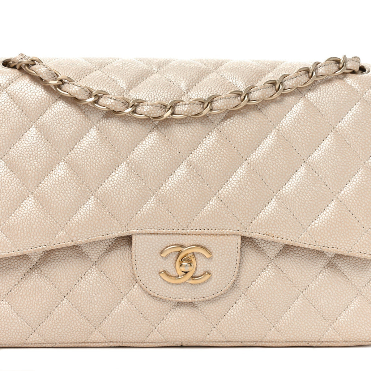 Iridescent Caviar Quilted Jumbo Double Flap Beige