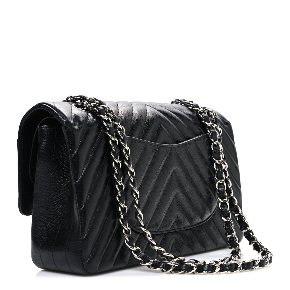 Caviar Chevron Quilted Medium Double Flap Black