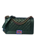 Iridescent Goatskin Quilted Medium Boy Flap Green