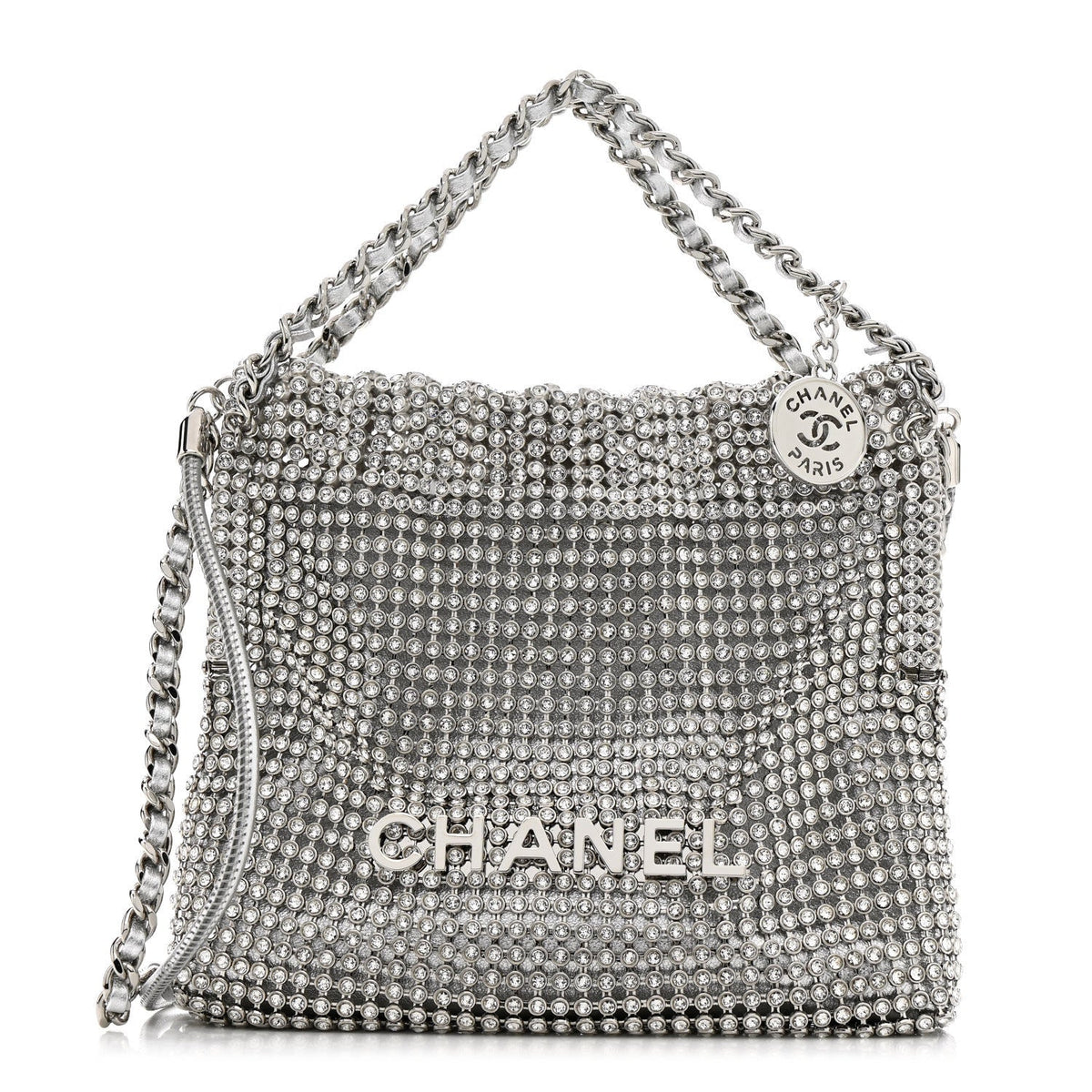 Crystal Embellished Metallic Lambskin Mini Chanel 22 Silver