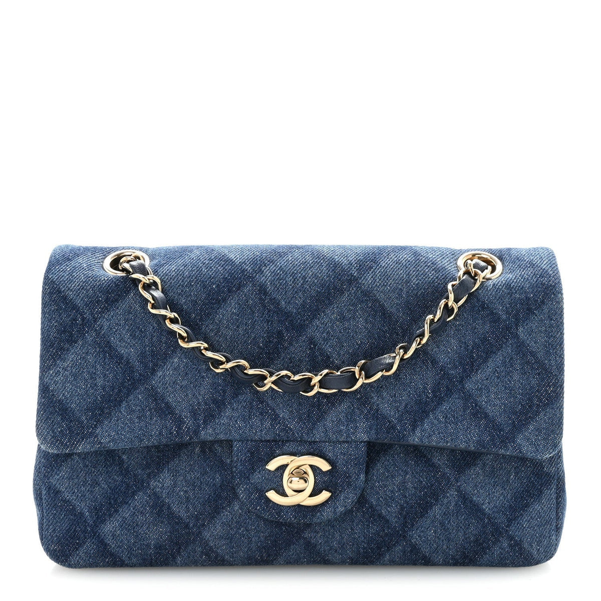 Printed Denim Quilted Small Double Flap Blue