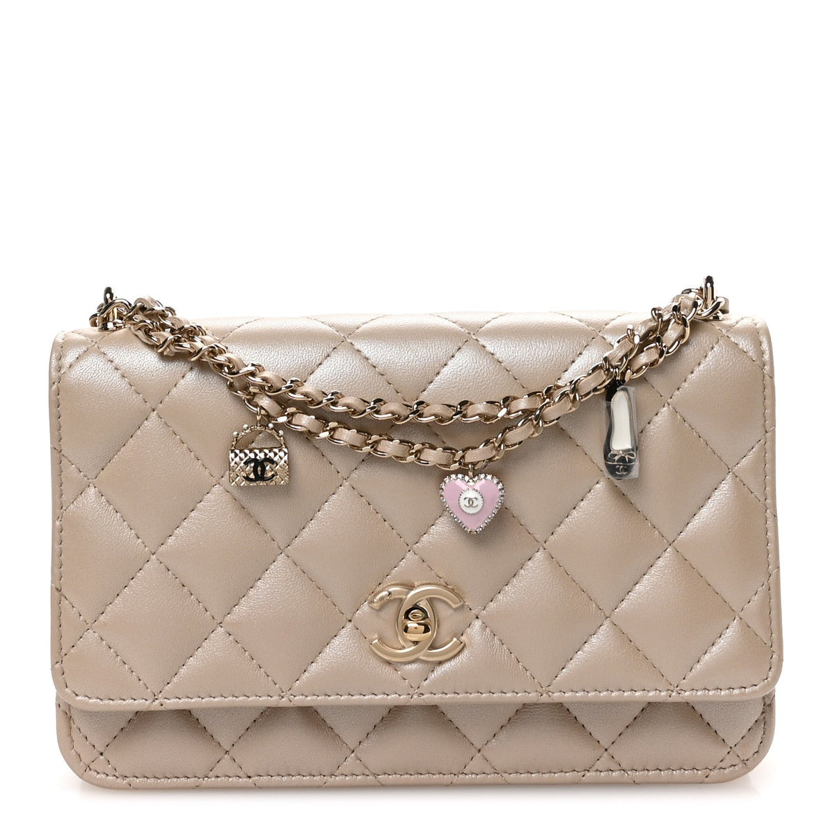 Pearly Lambskin Quilted Charms Wallet On Chain WOC Beige