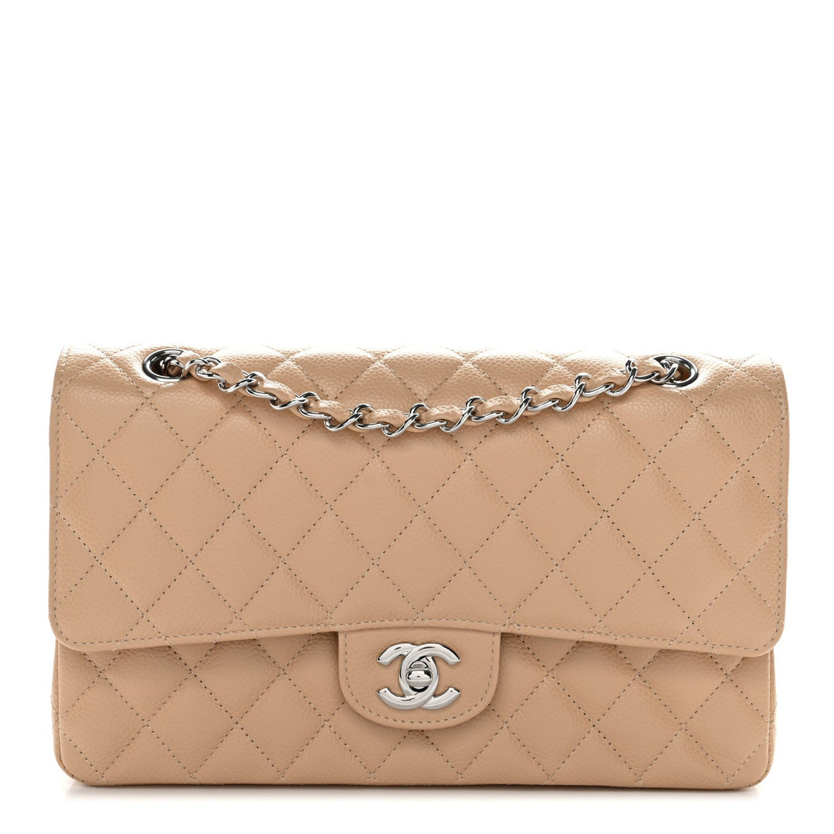 Caviar Quilted Medium Double Flap Beige
