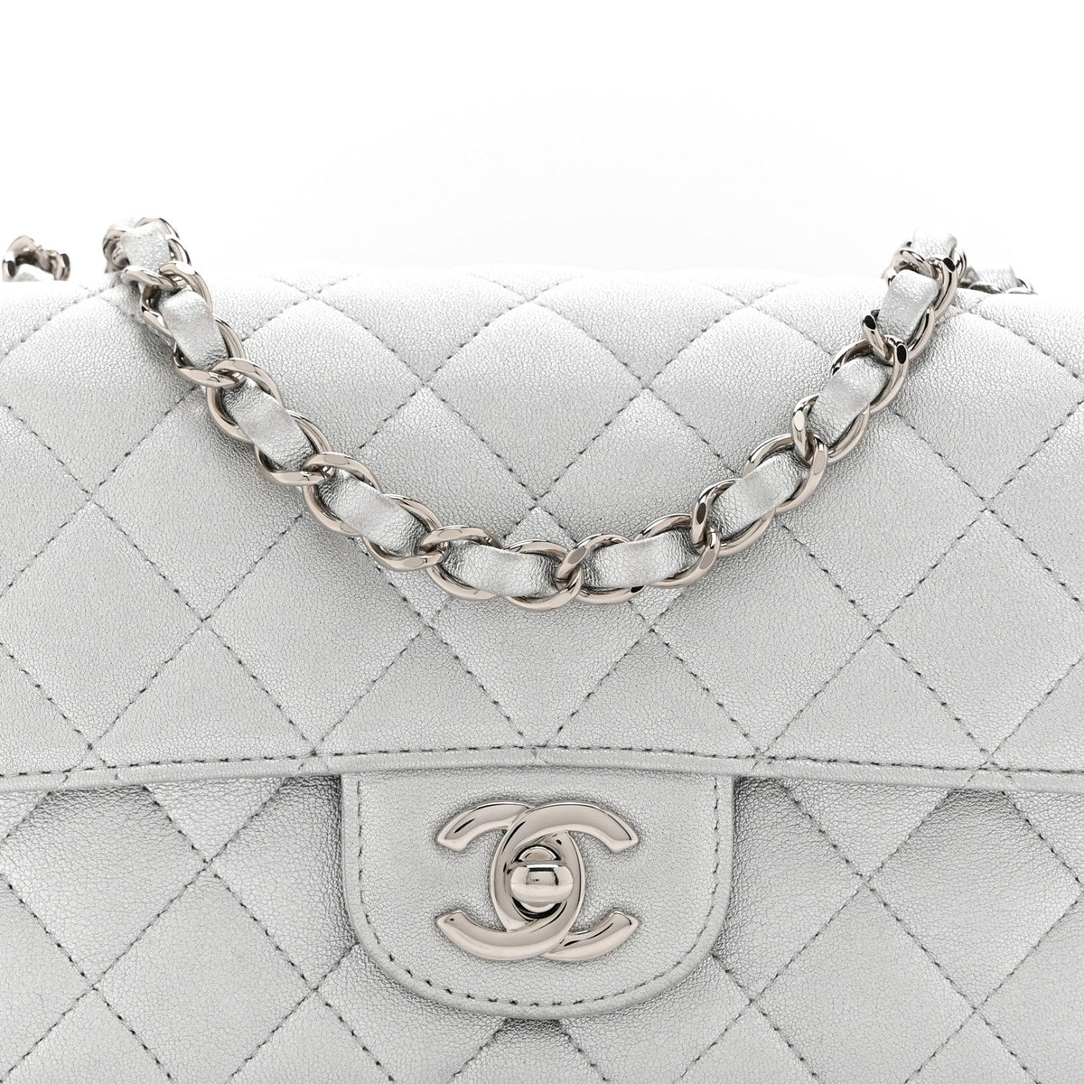 Metallic Lambskin Quilted Mini Rectangular Flap Silver