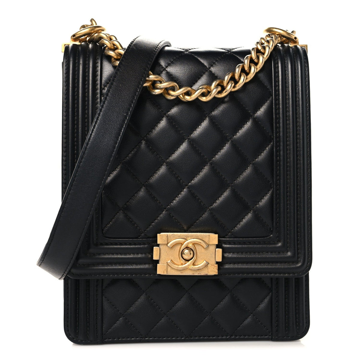 Calfskin Quilted North South Boy Flap Black